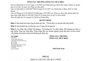 Quyết định 608/2000/QĐ-TCBĐ Thể lệ dịch vụ chuyển tiền bưu chính