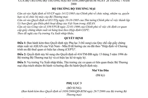 Quyết định 1056/2000/QĐ-BTM  Phụ lục 3 (bổ sung) Quy chế cấp giấy chứng nhận xuất xứ ASEAN bổ sung Quyết định 416/TM-ĐB