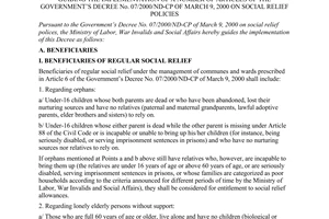 Circular No. 18/2000/TT-BLDTBXH of July 28, 2000 guiding the implementation of a number of articles of The Government’s Decree No. 07/2000/ND-CP of March 9, 2000 on social relief policies