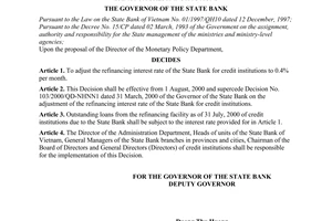 Decision No. 238/2000/QD-NHNN1 of July 31st, 2000, on the adjustment of the refinancing interest rate of The State Bank for credit institutions
