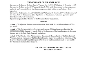 Decision No. 239/2000/QD-NHNN1 of July 31st, 2000, on the discount interest rate of the State Bank for credit institutions