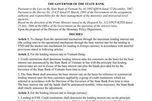 Decision No. 241/2000/QD-NHNN1 of August 02, 2000, on the change of operational mechanism of lending interest rates of credit institutions for customers