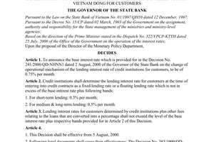 Decision No. 242/2000/QD-NHNN1 of  August 02, 2000, on the announcement of the base interest rate as a basis of the determination by credit institutions of the lending interest rate in Vietnam Dong for customers