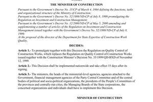 Decision No. 17/2000/QD-BXD of August 02, 2000 promulgating The Regulation on quality control of construction works