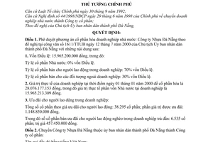 Quyết định 90/2000/QĐ-TTg chuyển Công ty Nhựa Đà Nẵng thành Công ty cổ phần