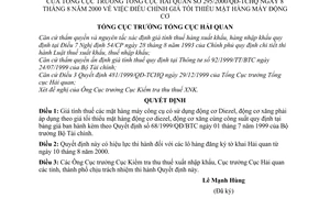 Quyết định 295/2000/QĐ-TCHQ  điều chỉnh giá tối thiểu mặt hàng máy động cơ