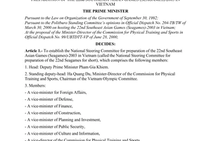 Decision No.93/2000/QD-TTg of August 09, 2000 on the establishment of the national steering committee for preparation of the 22nd southeast ASIAN games (Seagames)-2003 in Vietnam