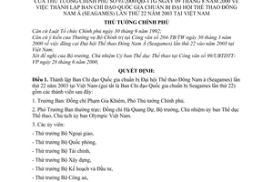 Quyết định 93/2000/QĐ-TTg thành lập Ban Chỉ đạo Quốc gia chuẩn bị đại hội thể thao Đông Nam á (Seagames) lần thứ 22 năm 2003 tại Việt Nam