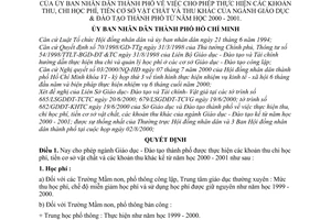 Quyết định 49/2000/QĐ-UB-VX thực hiện khoản thu, chi học phí, tiền cơ sở vật chất và thu khác ngành Giáo dục Đào tạo thành phố năm 2000-2001