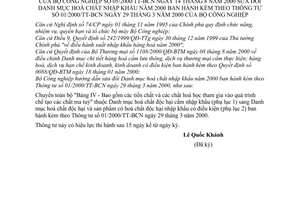 Thông tư 05/2000/TT-BCN sửa đổi danh mục hoá chất nhập khẩu năm 2000 theo Thông tư 01/2000/TT-BCN