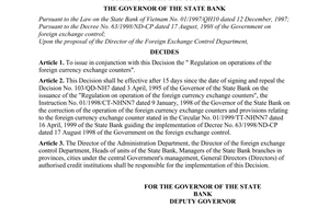 Decision No. 258/2000/QD-NHNN7 of August 14, 2000, on the issuance of the regulation on operation of the foreign currency exchange counters