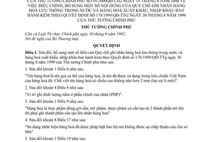 Quyết định 95/2000/QĐ-TTg Quy chế ghi nhãn hàng hoá lưu thông trong nước hàng hoá XNK bổ sung Quyết định 178/1999/QĐ-TTg
