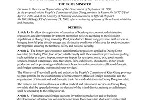 Decision No.97/2000/QD-TTg of August 16, 2000 on the application of a number of mechanisms and policies in Duong Dong township, Phu Quoc district, Kien Giang province