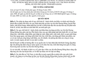 Quyết định 97/2000/QĐ-TTg  áp dụng cơ chế chính sách tại khu vực thị trấn Dương Đông, Huyện Phú Quốc, tỉnh Kiên Giang