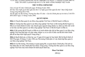 Quyết định 99/2000/QĐ-TTg tổ chức lại Ban quản lý khu công nghiệp Việt Nam