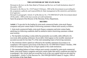 Decision No. 266/2000/QD-NHNN1 of August 18, 2000, on the lending without asset security for joint-stock commercial banks, joint-stock finance companies and joint-venture banks