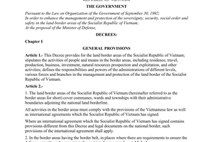 Decree of Government No.34/2000/ND-CP of August 18, 2000 on the regulation on the land border areas of the socialist republic of Vietnam