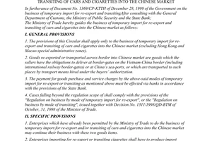 Circular No. 16/2000/TT-BTM of August 21, 2000 guiding the business of temporary import for re-export and transiting of cars and cigarettes into the Chinese Market