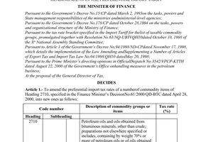 Decision No.130/2000/QD-BTC of August 24, 2000 amending the import tax rates of a number of commodity items of heading No.2710 in the preferential import tariff