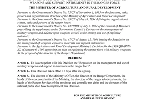 Decision No.94/2000/QD-BNN/KL of August 24, 2000 issuing the regulation on the management and use of military weapons and support instruments in the ranger force