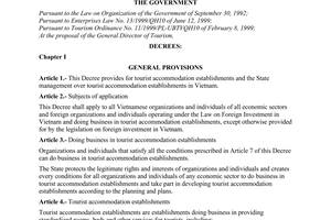 Decree of Government No.39/2000/ND-CP of August 24, 2000 on tourist accommodation establishments