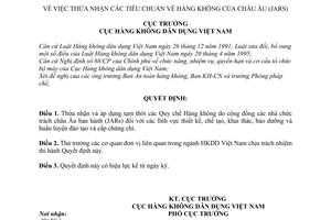 Quyết định 1906/QĐ-CHK thừa nhận tiêu chuẩn hàng không Châu Âu