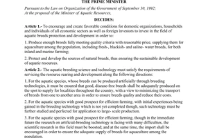Decision No.103/2000/QD-TTg of August 25, 2000 on a number of policies to encourage aquatic breeds development