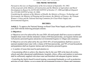 Decision No.104/2000/QD-TTg of August 25, 2000 approving the national strategy on rural clean water supply and hygiene till the year 2020