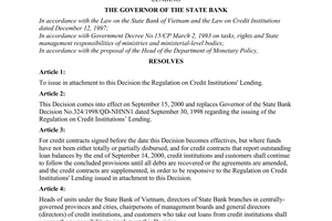 Decision No.284/2000/QD-NHNN1 of August 25, 2000 referring to the issuing of a regulation on credit institutions' lending