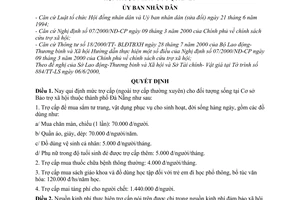 Quyết định 96/2000/QĐ-UB  qui định mức trợ cấp cho đối tượng sống tại cơ sở bảo trợ xã hội thuộc nhà nước quản lý