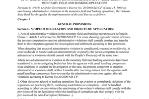 Circular No.09/2000/TT-NHNN3 of August 29, 2000 guiding the implementation of The Government’s Decree No. 20/2000/ND-CP of June 15, 2000 on sanctioning administrative violations in the monetary field and banking operations