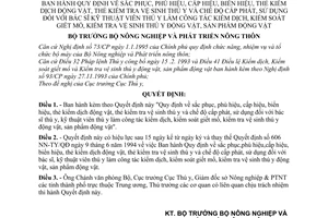 Quyết định 101/2000/QĐ-BNN-TY Quy định sắc phục, phù hiệu, cấp hiệu, biển hiệu, thẻ kiểm dịch động vật,vệ sinh thú y,chế độ bác sĩ kĩ thuật viên thú y