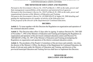 Decision No. 43/2000/QD-BGDDT of September 25, 2000 promulgating the regulation on organization and operation of continued education centers