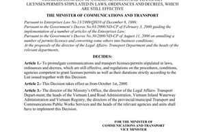 Decision No. 2901/2000/QD-BGTVT of  September 29, 2000, promulgating list of communications and transport licenses/permits stipulated in laws, ordinances and decrees, which are still effective