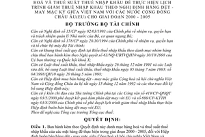 Quyết định 160/2000/QĐ-BTC  Danh mục hàng hoá thuế suất nhập khẩu  theo Hiệp định hàng dệt - may mặc kí giữa VN và EU 2000-2005