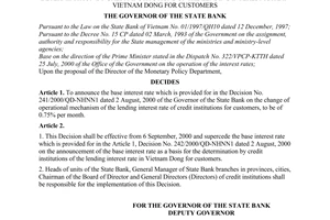 Decision No. 296/2000/QD-NHNN1 of September 06, 2000,  on the announcement of the base interest rate as a basis for the determination by credit institutions of the lending interest rate in Vietnam Dong for customers