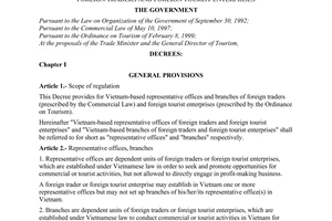 Decree of Government No.45/2000/ND-CP of September 06, 2000 providing for Vietnam-based representative offices and branches of foreign traders and foreign tourist enterprises