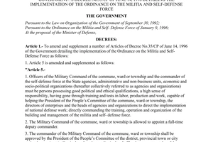 Decree of Government No.46/2000/ND-CP of September 12, 2000 amending and supplementing a number of articles of The Government’s Decree No.35/CP of June 14, 1996 detailing the implementation of the ordinance on the militia and self-defense force