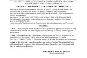 Decision No. 1649/2000/QD-BKHCNMT of September 12, 2000 promulgating the regulation on approval and decision of entry and exit of state officials and public employees of the ministry of science, technology and environment