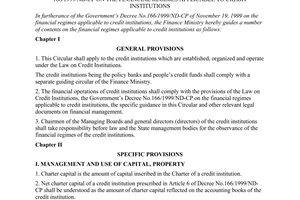 Circular No.92/2000/TT-BTC of September 14, 2000 guiding the implementation of The Government’s Decree No. 166/1999/ND-CP on the financial regimes applicable to credit institutions