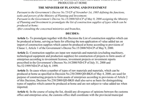Decision No. 462/2000/QD-BKH of September 15, 2000 promulgating the list of construction supplies which can be produced at home