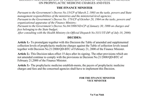 Decision No. 144/2000/QD-BTC of September 15, 2000 amending and supplementing a number of collection levels in Decision No.21/2000/QD-BTC of February 21, 2000 of the finance minister on prophylactic medicine charges and fees