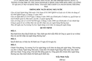 Quyết định 306/2000/QĐ-NHNN5  mẫu Điều lệ Công ty quản lý nợ và khai thác tài sản thế chấp của ngân hàng thương mại