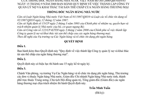 Quyết định 305/2000/QĐ-NHNN5 thành lập Công ty quản lý nợ khai thác tài sản thế chấp của ngân hàng thương mại