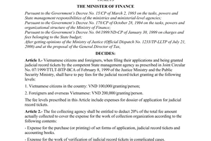 Decision No. 146/2000/QD-BTC of September 18, 2000 promulgating the levels of fees for granting judicial record tickets