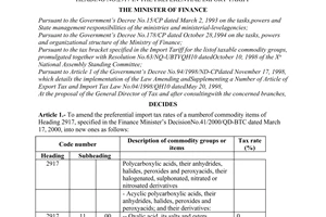 Decision No.151/2000/QD-BTC of September 20, 2000 ameding the import tax rates of a number of commodity items of heading No.2917 in the preferential import tariff