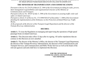 Decision No. 2764/2000/QD-BGTVT of September 21, 2000 issuing the regulation on managing and supervising the operations of high-speed passenger boats on inland waterways