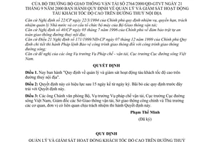 Quyết định 2764/2000/QĐ-BGTVT quản lý giám sát hoạt động tàu khách tốc độ cao trên đường thuỷ nội địa