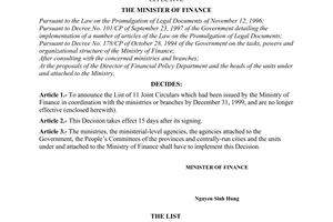 Decision No.152/2000/QD-BTC of September 22, 2000 announcing the list of joint circulars, which are no longer effective