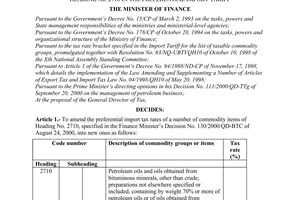 Decision No.154/2000/QD-BTC of September 22, 2000 amending the import tax rates of a number of commodity items of heading no. 2710 in the preferential import tariff
